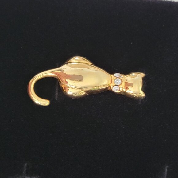 Gold Cat Brooch With Rhinestone Collar - Picture 5 of 5